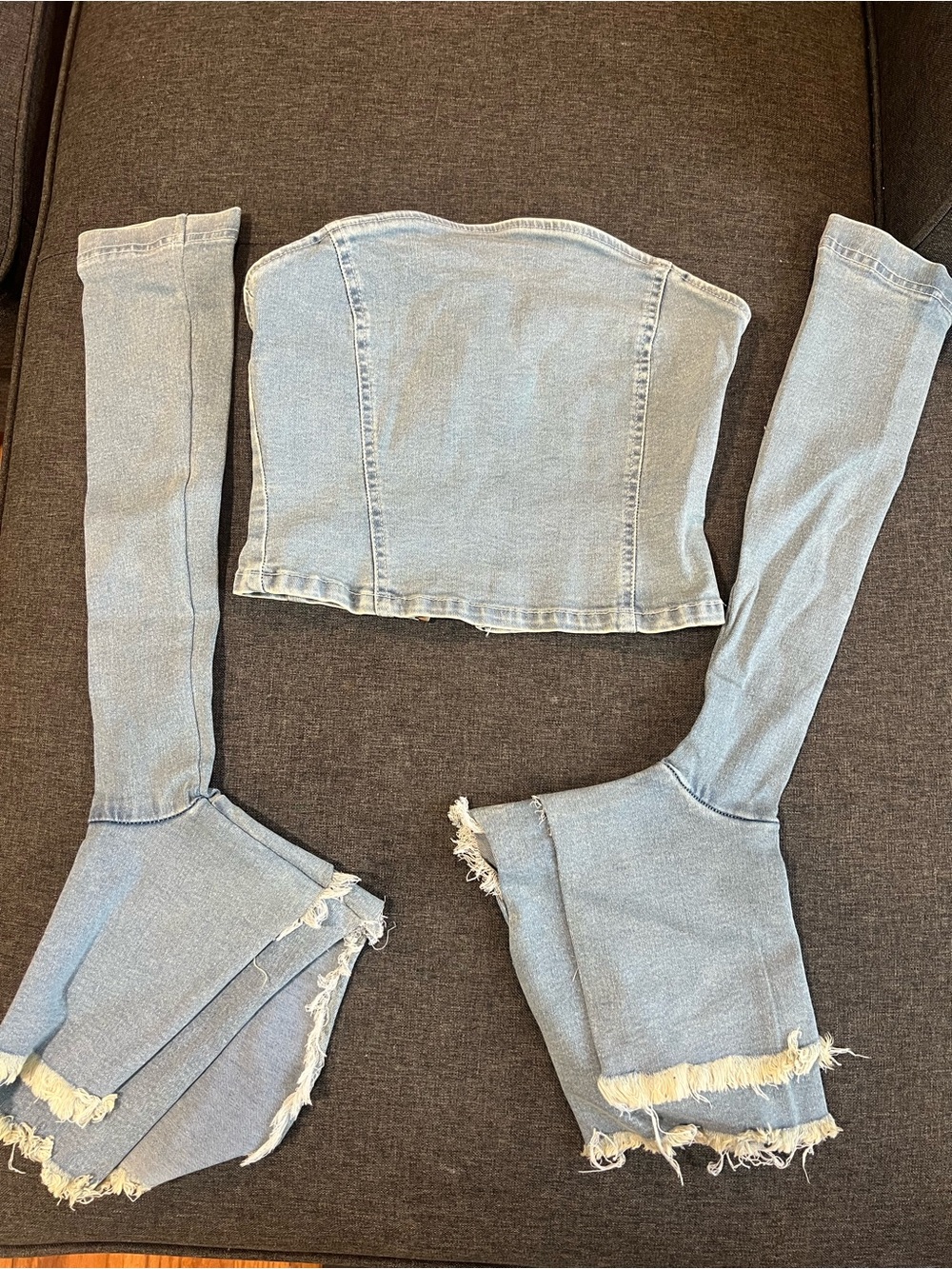 Boutique Light Blue Denim Tube Top and Distressed Sleeve Set -NEVER WORN XS